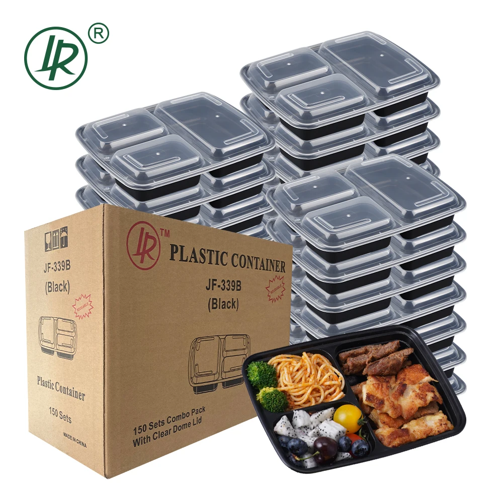 Black 150 Pack 3 Compartment Microwavable Stackable Disposable Plastic Food Container
