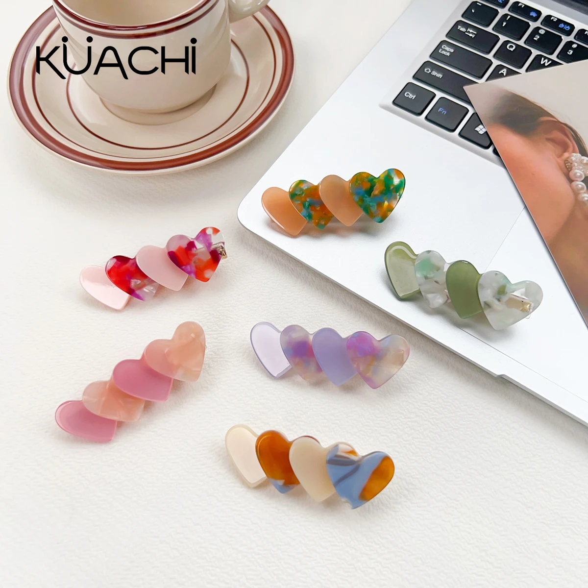 KUACHI Оптовая Продажа корейские милые симпатичные ацетатные заколки для волос с сердечками на заказ девчачьи заколки простые аксессуары для волос