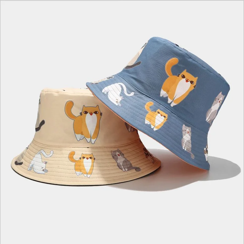 Japanese lovely cat print bucket hat summer outdoor students double-sided fishman hat