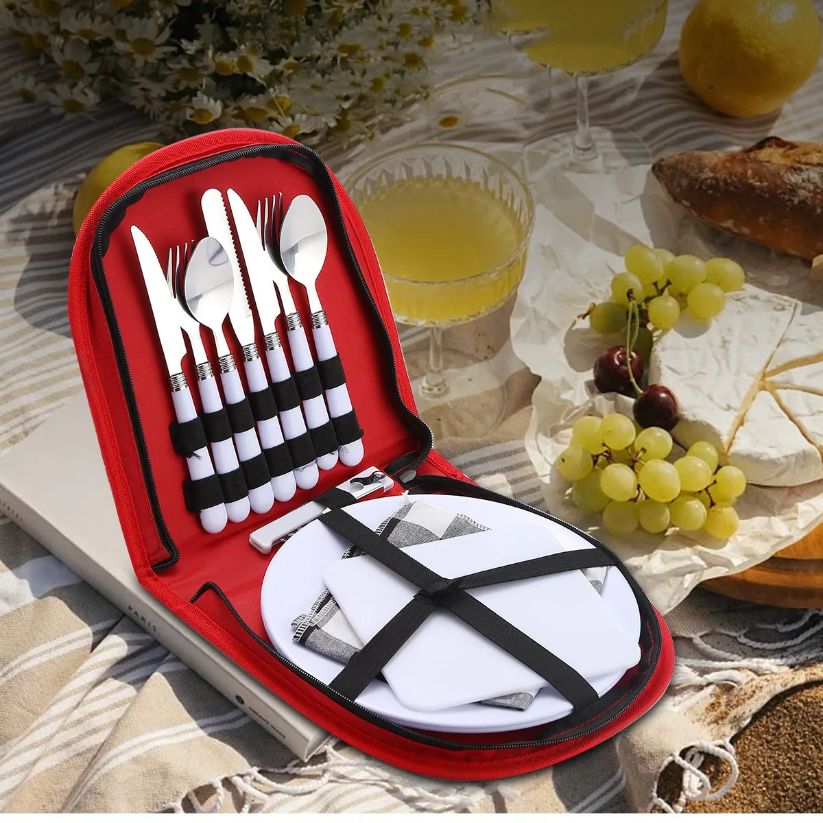 Outdoor Camping Portable Stainless Steel Cutlery Set  Double Travelling Picnic Ceramic Steak Knife Fork Spoon Set