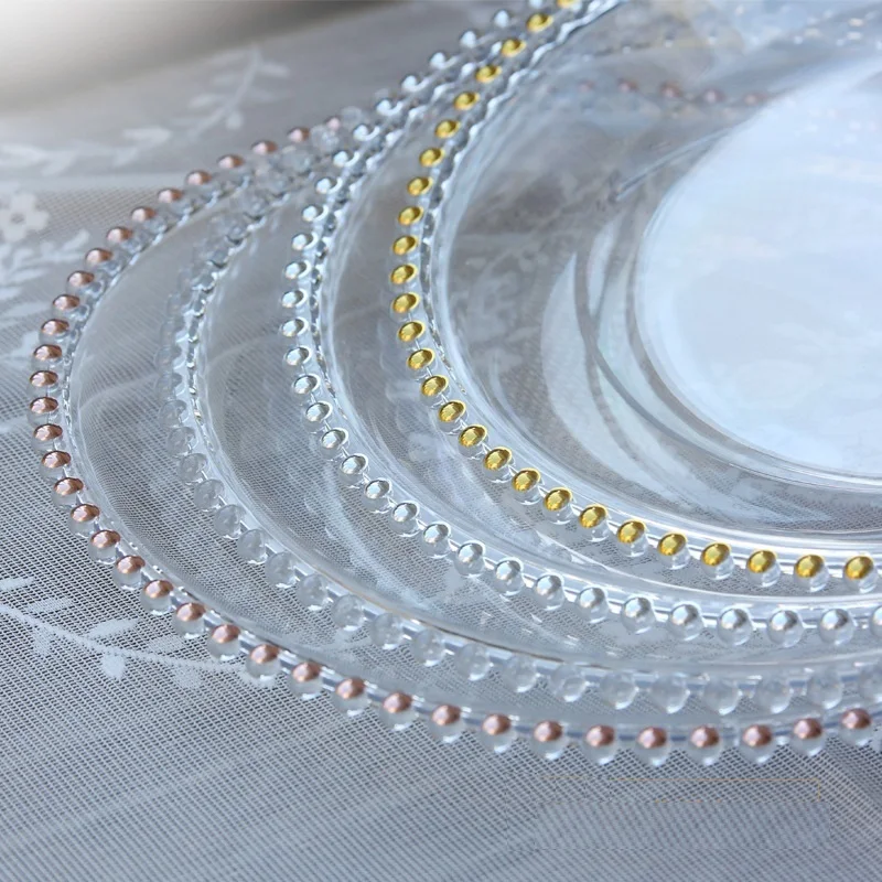 Reusable 13 Inch Gold Rim Beaded Transparent Plate Party Wedding Decoration Plastic Charger Plates