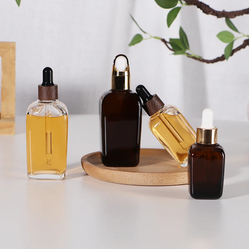 10 ml 30 ml 50 ml 100 ml empty amber brown square shape essential oil glass bottle with dropper pipette