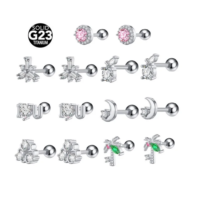 G23 Titanium Piercing Earrings Stud Coconut Beach Clear Green Pink Zircon Ball Back Cartilage Tragus Stud Piercing Jewelry