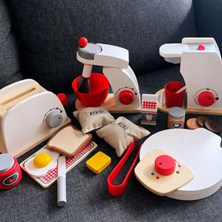 wooden Pretend Play Kitchen Toys Cooking Bread Machine Coffee Machine Mixer Education Toys