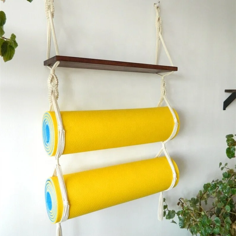 Boho Cotton Handmade Decor Wood Strap Holder Rack Macrame Wall Hanging Shelf Yoga Mat Carrier