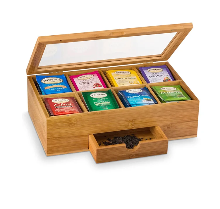 Bamboo Tea Box Organizer - Wood Tea Chest with Slide-Out Drawer & Acrylic Window, Magnet Lid Keeps Teabag Fresh - Countertop