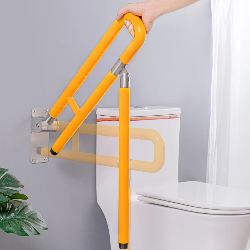 Built-In Thickened ABS Stainless Steel Shower Handrail with Legs Support Flip-Up Grab Bar for Toilet Use for Disabled Elderly