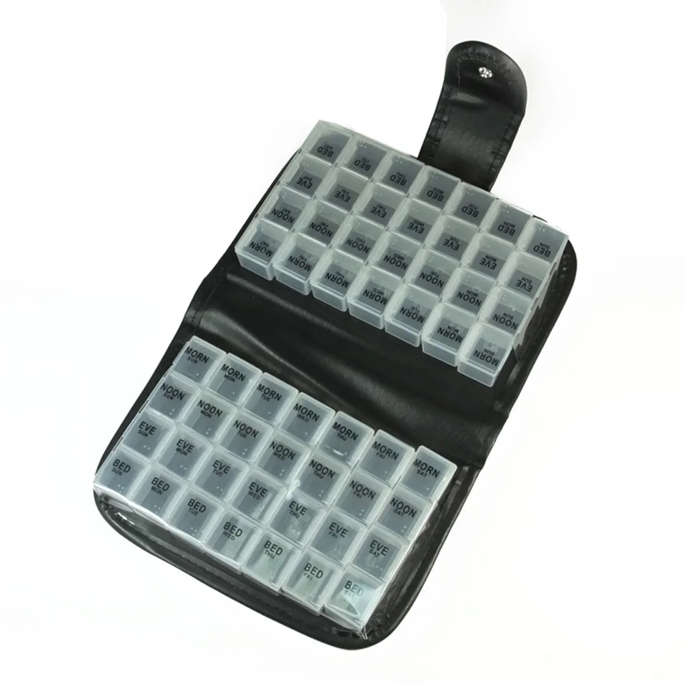 14 Day Pill Box with Leather Case, Weekly Pill Organizer, Prescription & Medication Reminder Pill Box