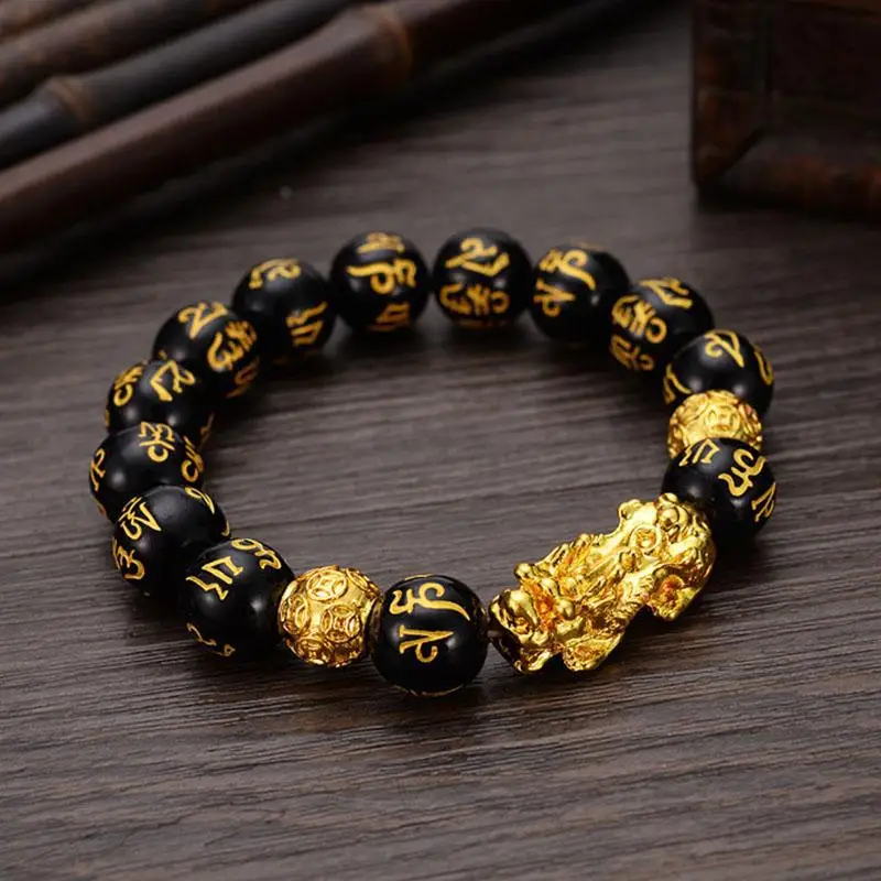 
Fashion Feng Shui Obsidian Stone Beads Bracelet Unisex Wristband Gold Black Pixiu Wealth And Good Luck Women Bracelet 