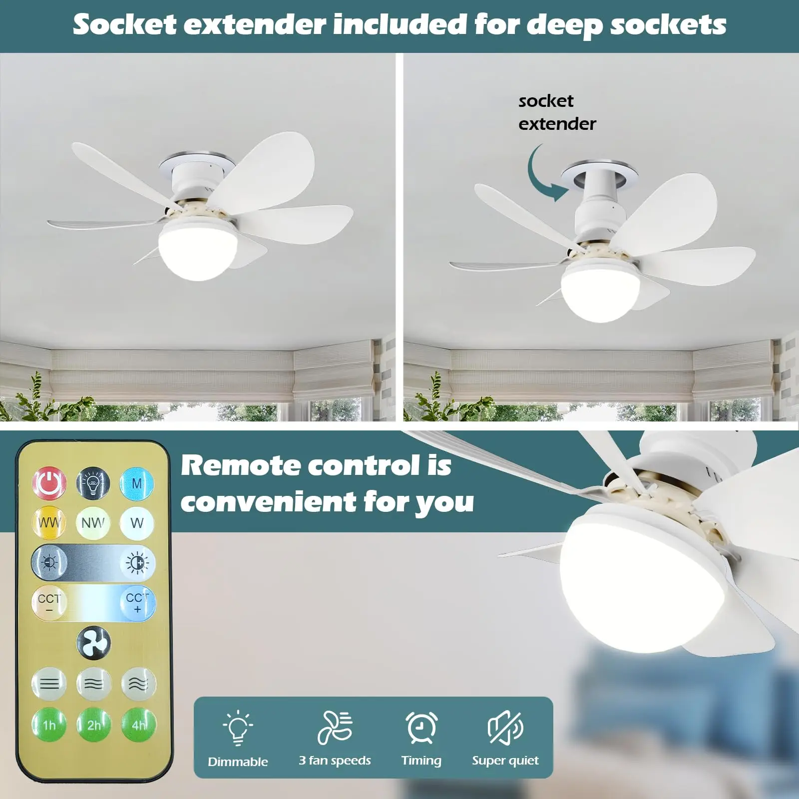 Socket Fan Light with Remote 16.5 Screw Ceiling Fans with Lights E26 Base Small Ceiling Fan Socket Ceiling  with Led