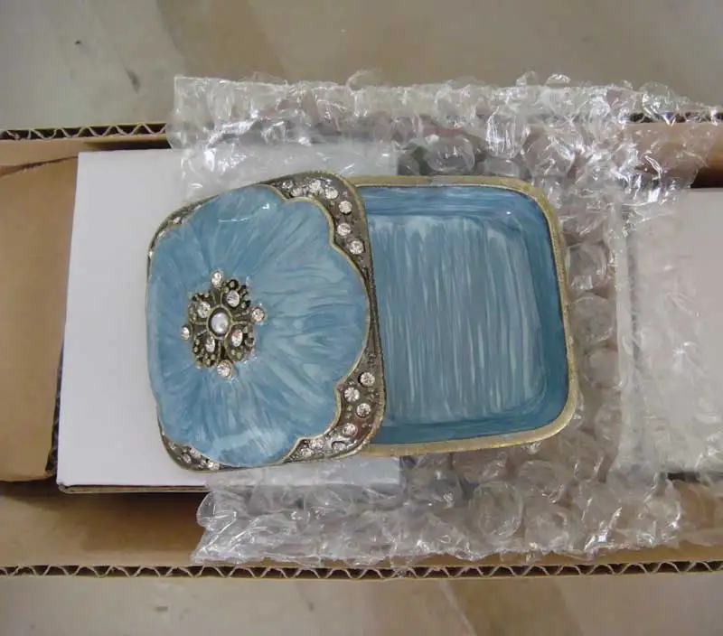 Vintage Brass Blue White Coffee Epoxy Metal Zinc Alloy Jewelry Trinket Box Square With Rhinestones And ABS Pearls Jeweled