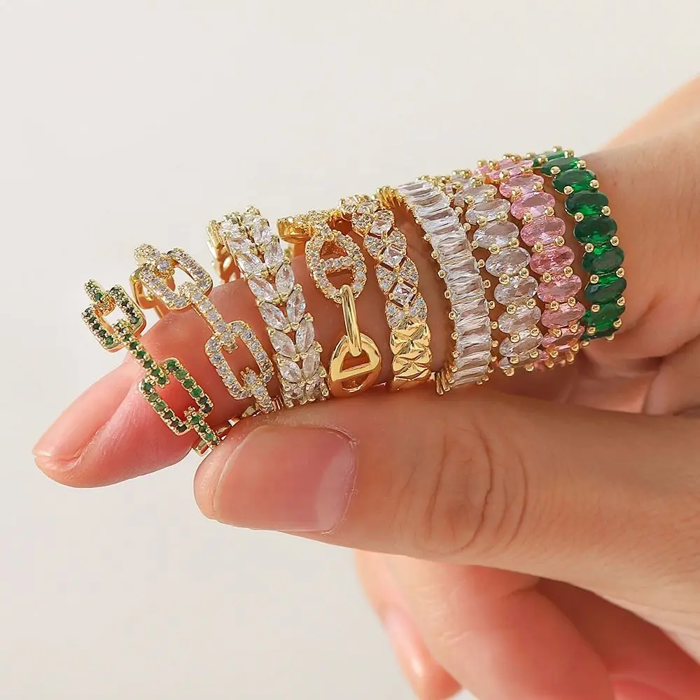 Shiny CZ Stone Cubic zircon Paved Chain Pig Nose Butterfly 18K Gold Plated Brass Opening Rings