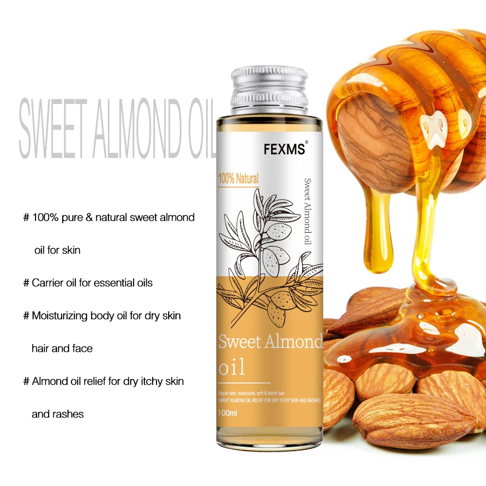 FEXMS 100% Pure Sweet Almond Oil For Body Hair Carrier Oil 100ml