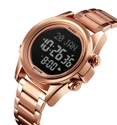 Hot Sale 1667 Luxury Azan Muslim Prayer Watch Alarm Clock Al Fajr Qibla Stainless Steel Gold Watch Men Digital Watch