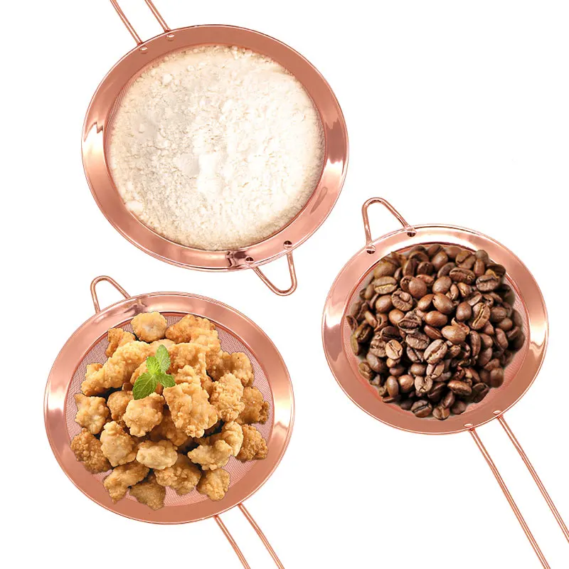 Rose Gold Fine Mesh Strainer 8 Pieces Set, Copper Flour Sifter For Baking, Stainless Steel Clander