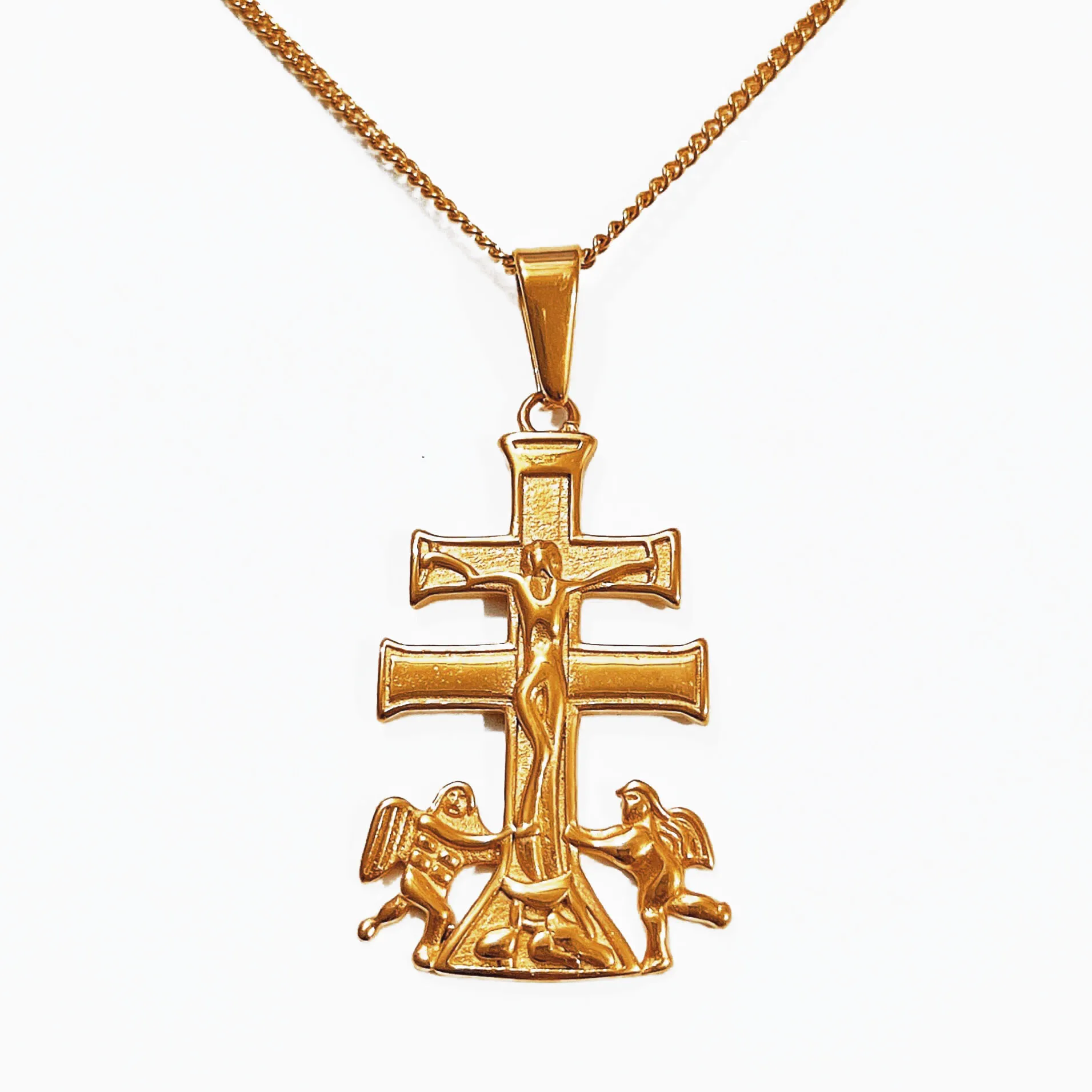 Винтажные 48 мм Каравака крест распятие Подвеска с Херувим Ангел из нержавеющей стали покрытой 18 к настоящим золотом набор религиозный ювелирные изделия