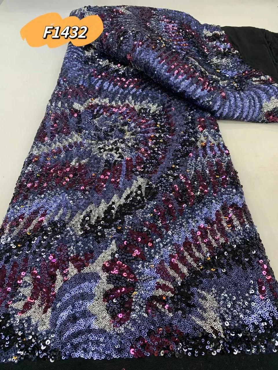 Luxury sequins lace 2024 handmade blue embroidered sequence and beads african bridal heavy hand beaded pearls embroidery fabric
