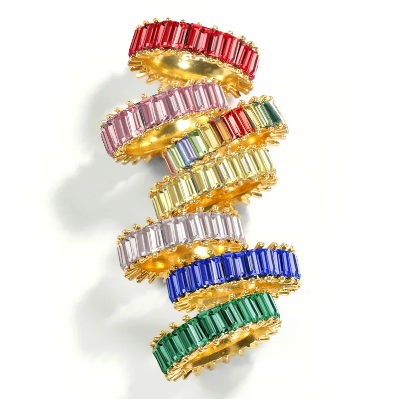 Geometric Full Pave Cubic Zirconia Crystal Rings Colorful Rainbow Zircon Wide Rings Anniversary Girl Gift Jewelry