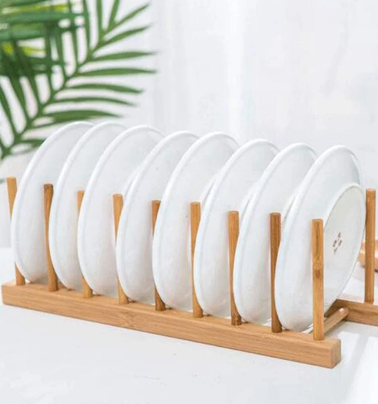 Kitchen 8-Slots Bamboo Wooden Dish Rack Storage Organization Plate Rack Stand Pot Lid Holder