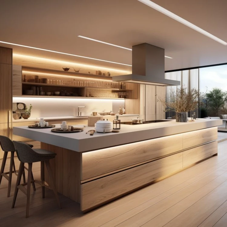 Luxury Kitchen Furniture RTA Solid Wood Kitchen Cabinet With Led Strip Light Modern Quartz Stone Countertop Kitchen Cabinet Sets