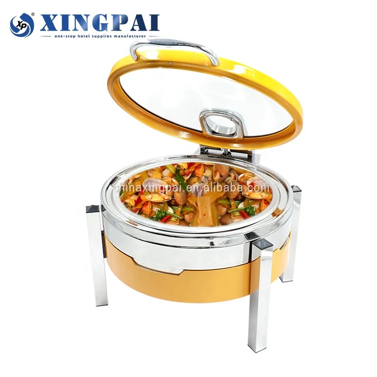 XINGPAI Catering Equipment Buffet Round Chafing Dish Delux Silver Yellow Chafing Dish Buffet Food Warmer With Glass Visible Lid