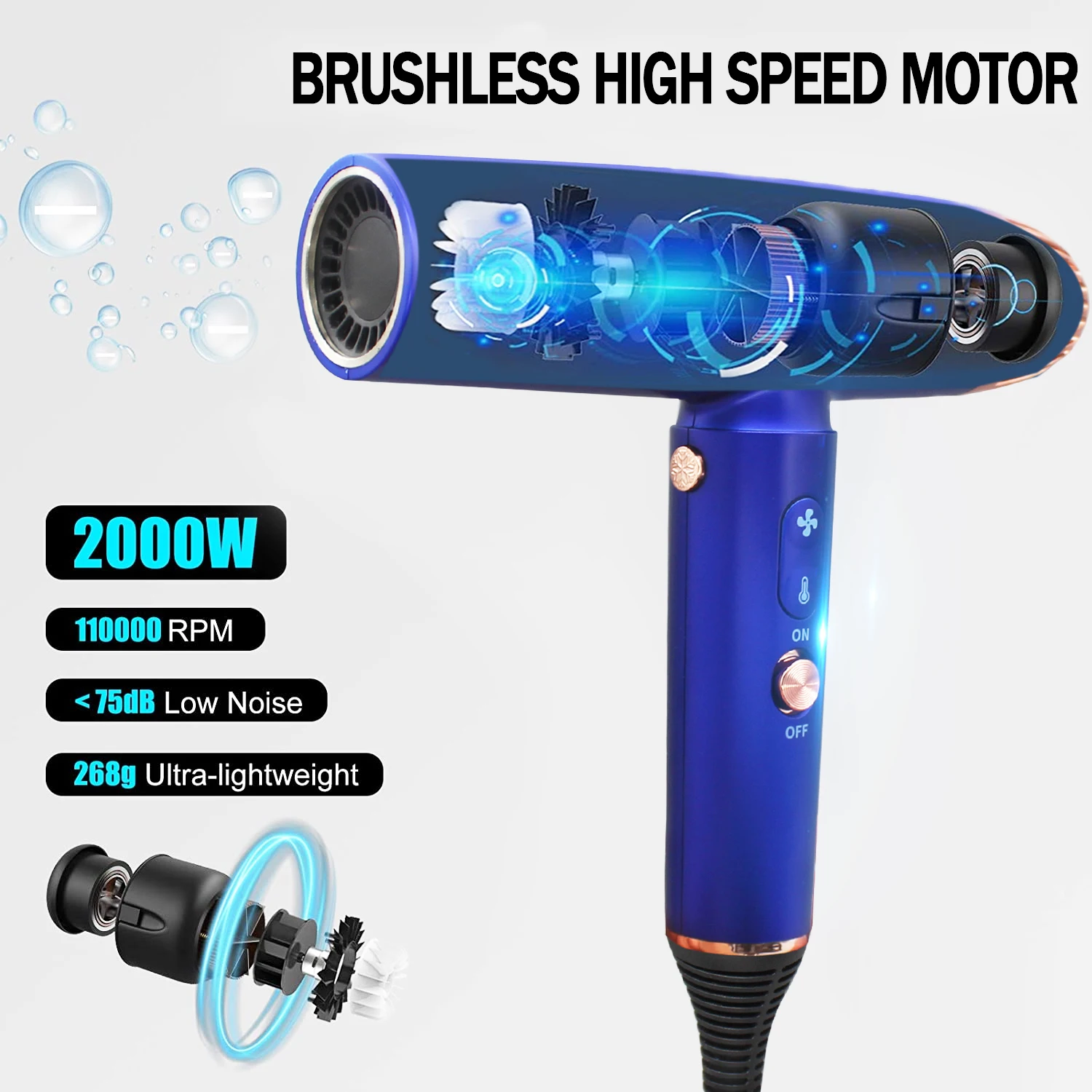 High speed 360 degree rotatable low noise hair dryer with 3 magnetic styling attachments for different hair types