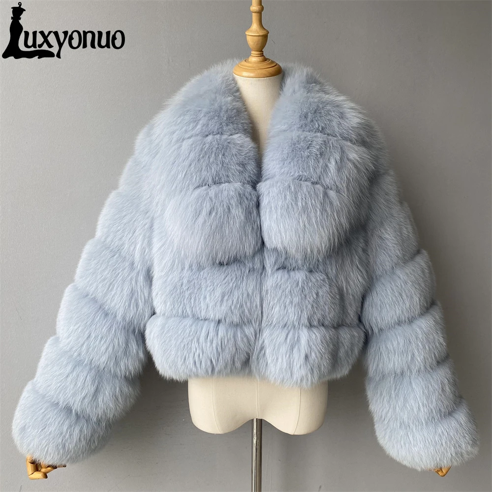 Wholesale Soft Striped Thick Warm Natural Fur Jacket Long Sleeves Fluffy Custom Women Luxury Winter Real Fox Fur Coat Blue