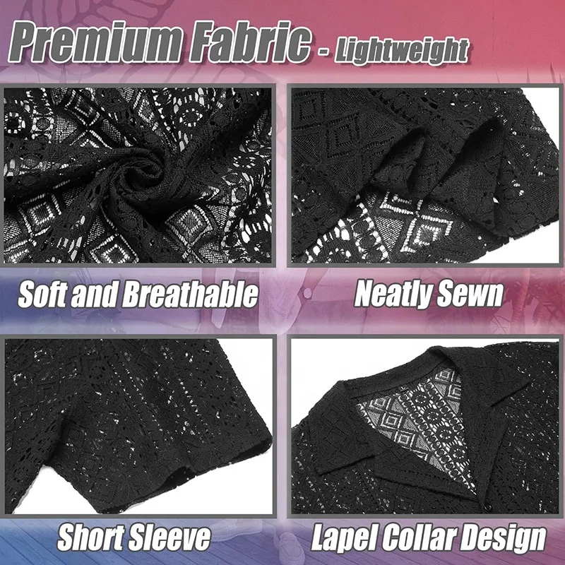 Mens Button Up Shirts Transparent Crochet Lace Blouse Knit See Through Hooded Tee Fishnet Top Black Hoodie White Shirt