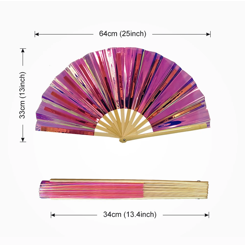 Hot selling custom logo 13 inch rainbow film wooden fan PVC big fan outdoor laser film magic color plastic film waterproof