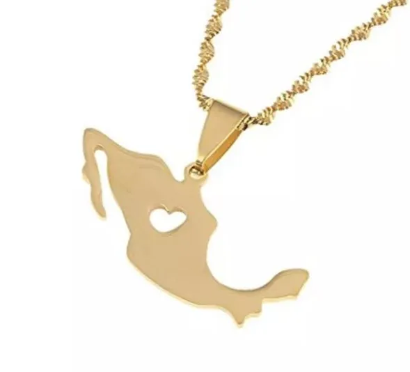 Stainless Steel Mexico Map Pendant Necklace Gold Color Mexican Jewelry Maps Mexicanos