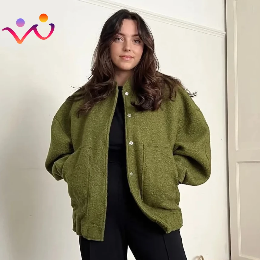 Vintage Long Sleeve Snap Button Jacket with Pockets 2023 Female Outerwear Chic Tops Women Fashion Oversized Bomber Jacket Coat