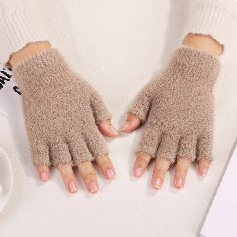 Women Men Half Finger Winter Imitation Mink Cashmere Gloves Touch Screen Writing Woolen Warm Mittens For Driving Outdoor Sports