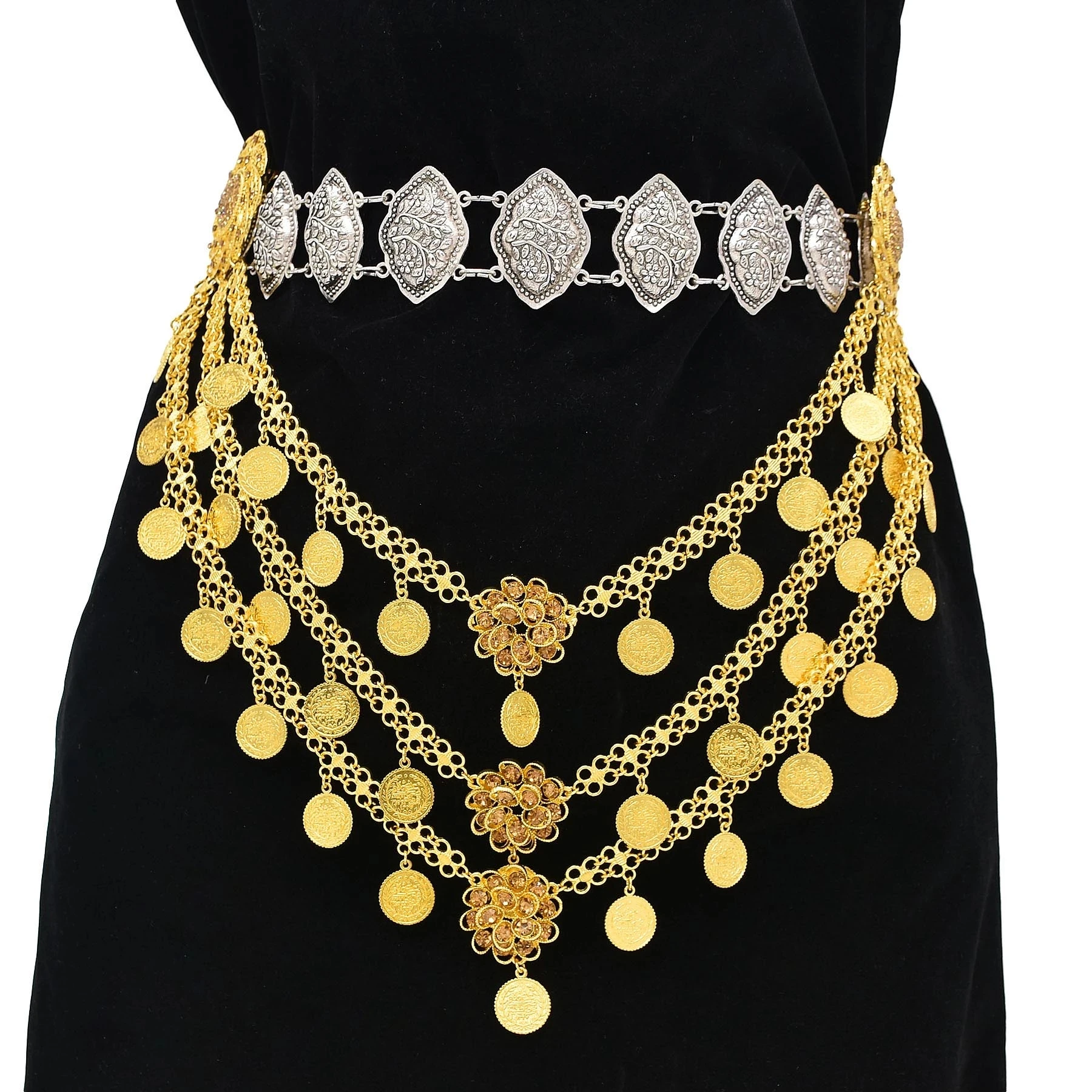 3-Layer Gold Coin Tassel Crystal Flower Waist Chain Necklace Accessories Brooches