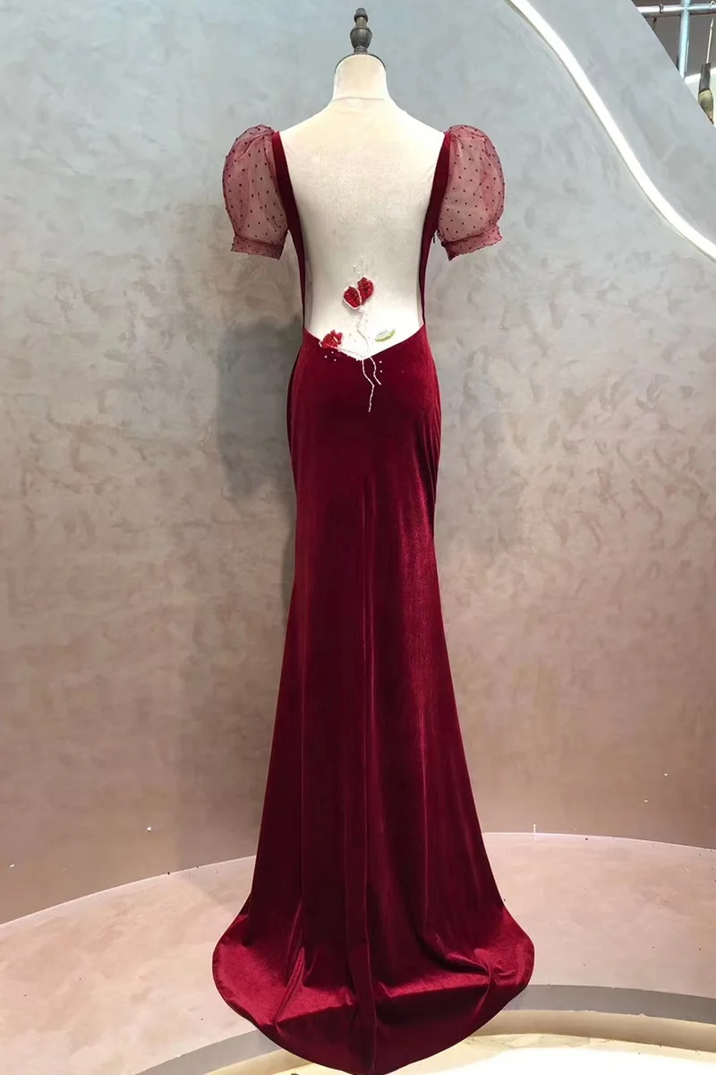 Luxury red Halter column short sleeves backless bridal maid wedding dress 2020