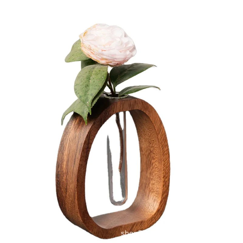 Modern Black Walnut Wooden Japanese Simple Hydroponic Vase with Delicate Flower Insert Bamboo Household Decor