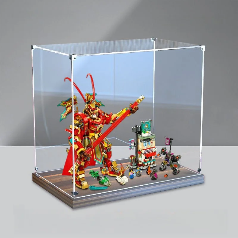 Clear Acrylic Display Box with Wooden Base, Cube Countertop Box for Collectibles, Toys, Home Organization
