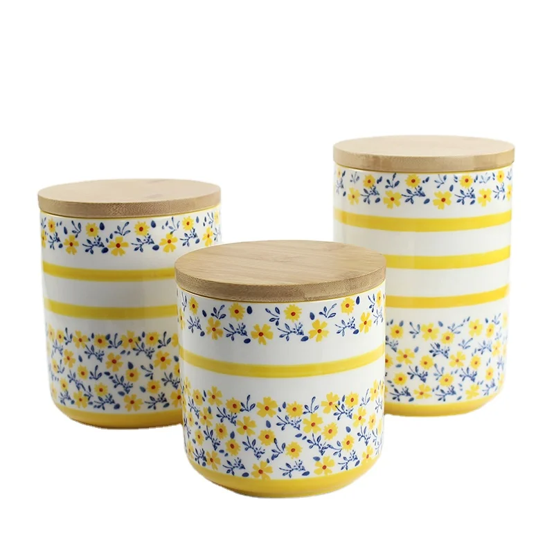 Custom Dried Fruit Canister Sugar Jars Set Ceramic Coffee Tea  Food Container Storage With Airtight Seal Bamboo Lid