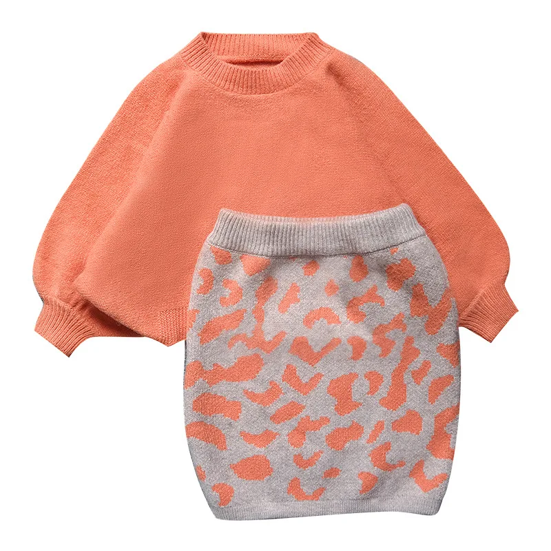 Toddler Kids Girls orange color Long Sleeve Knitting Pullover Sweater Tops Leopard Printed Skirts 2pcs suit Girl Outfits