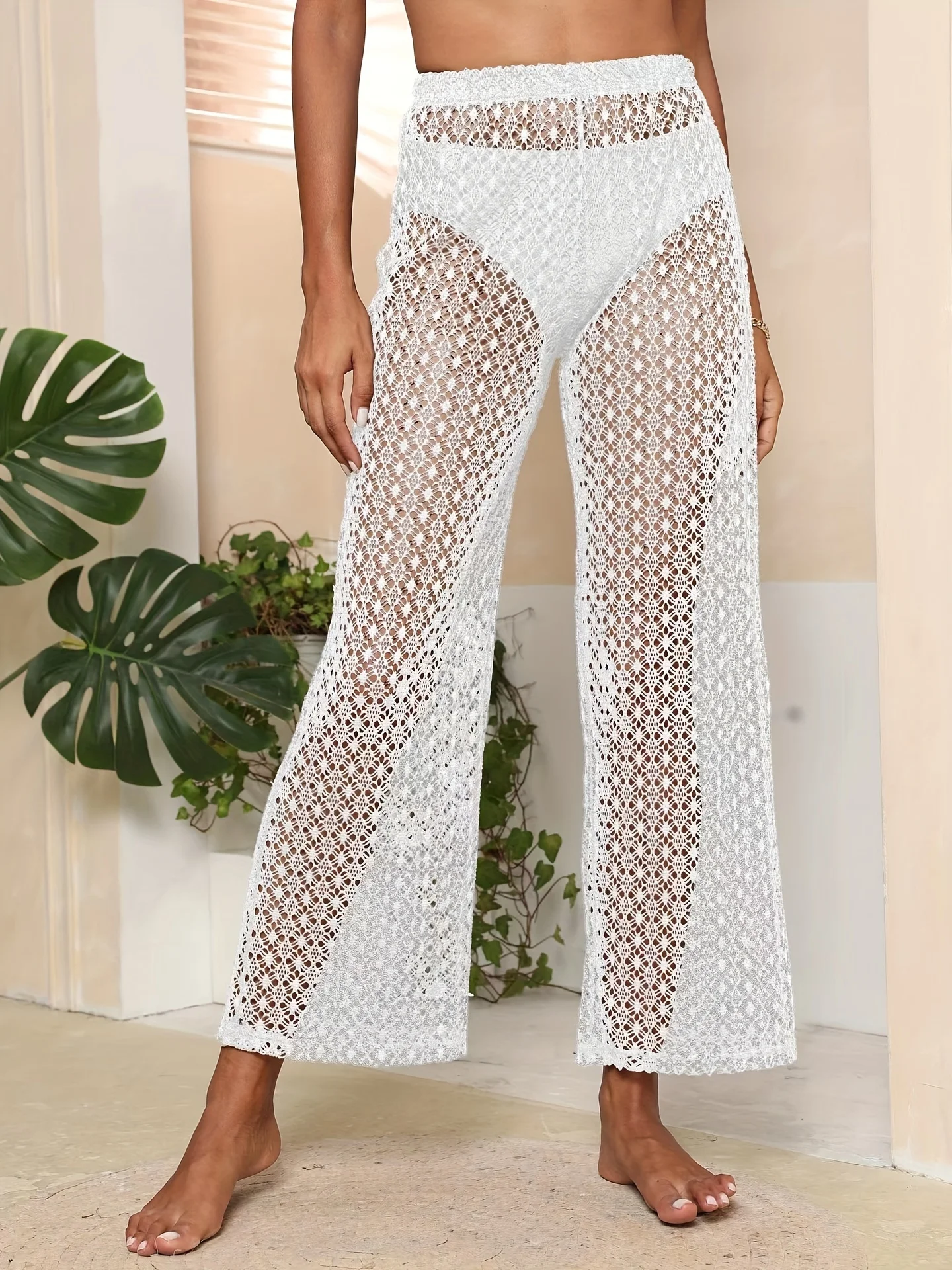SUMMER WOMEN SEE THROUGH BOHO WIDE LEG HIGH WAIST TROUSERS BEACH LONG LOOSE MESH SHEER PANTS CROCHET HOLLOW OUT WOMEN PANTS