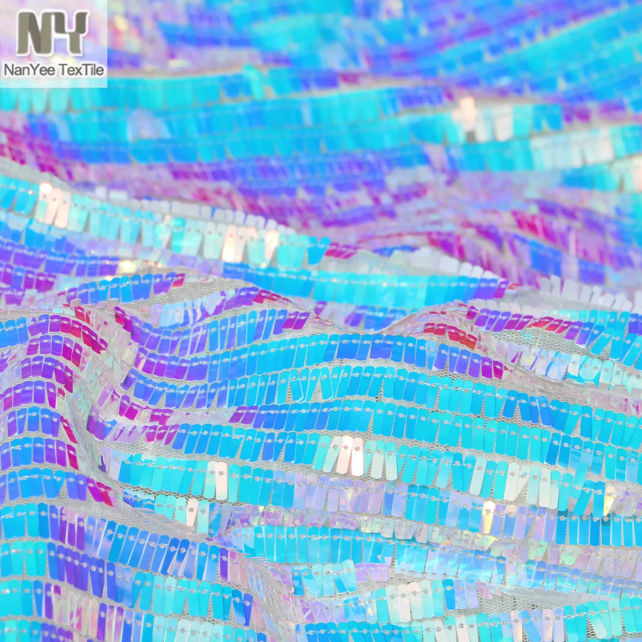 Nanyee Textile 10mm Size Mermaid Blue Iridescent Color Rectangle Sequin Embroidery Fabric