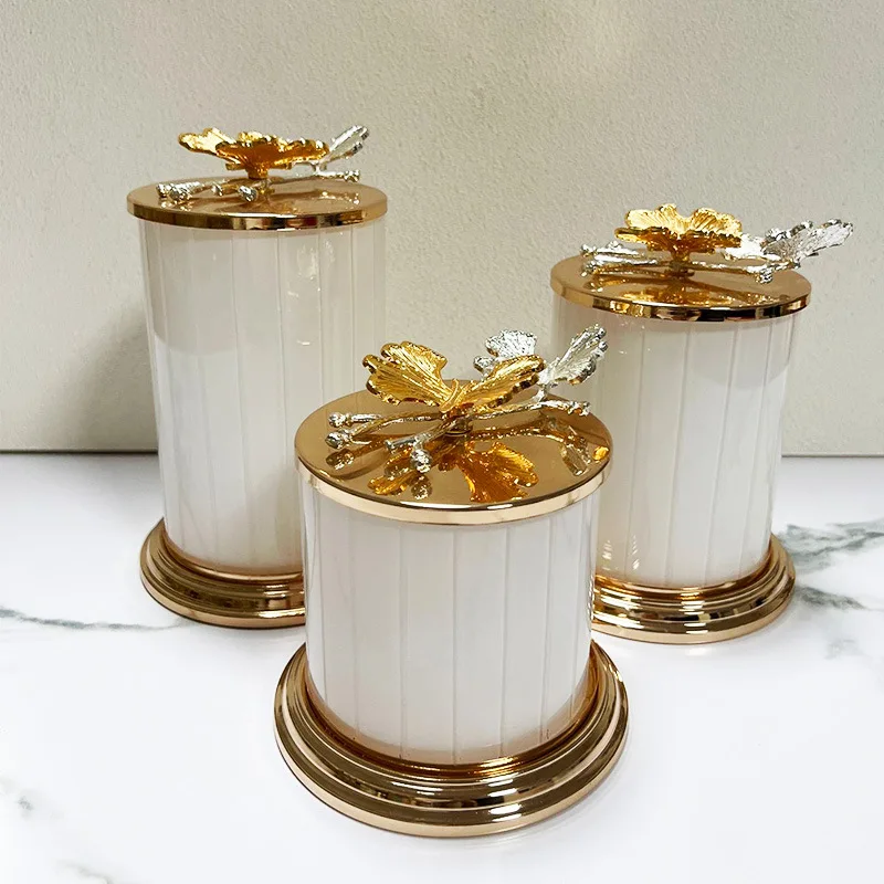 wholesale gold white glass gifts coffee candy tea sugar canisters container jars storage with leaf lid for kitchen decoration