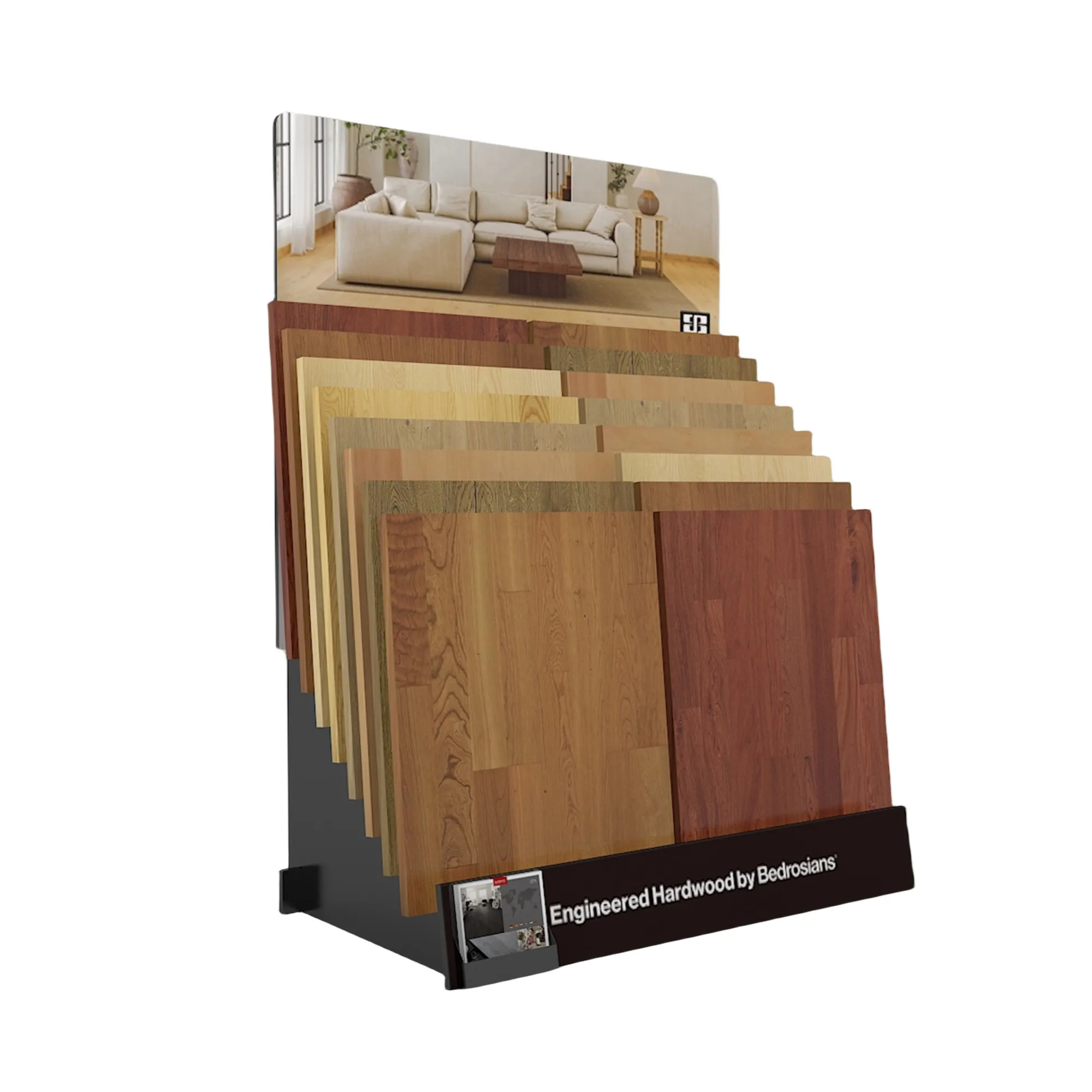 Provide Custom Design 1500 mm Wide Black Double-row Wood Floor Vinyl Sample Board Display Stand With Acrylic Brochure Holder