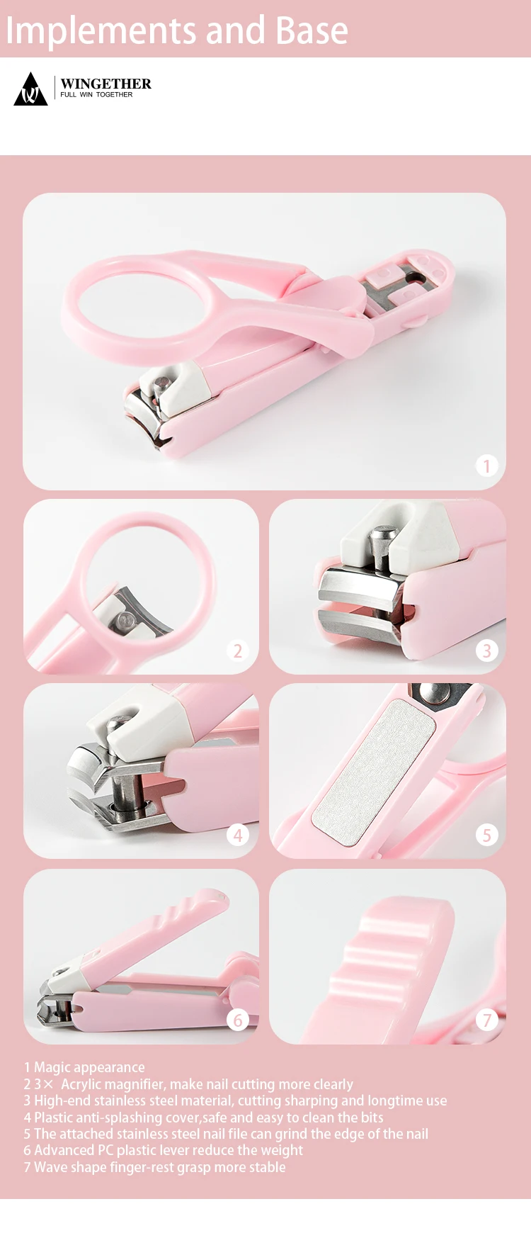 Wingether Amazon Hot Sell In Stock Professional Stainless Steel Magnifier Nail Clipper Nail Clipper Nail Cutter Clipper