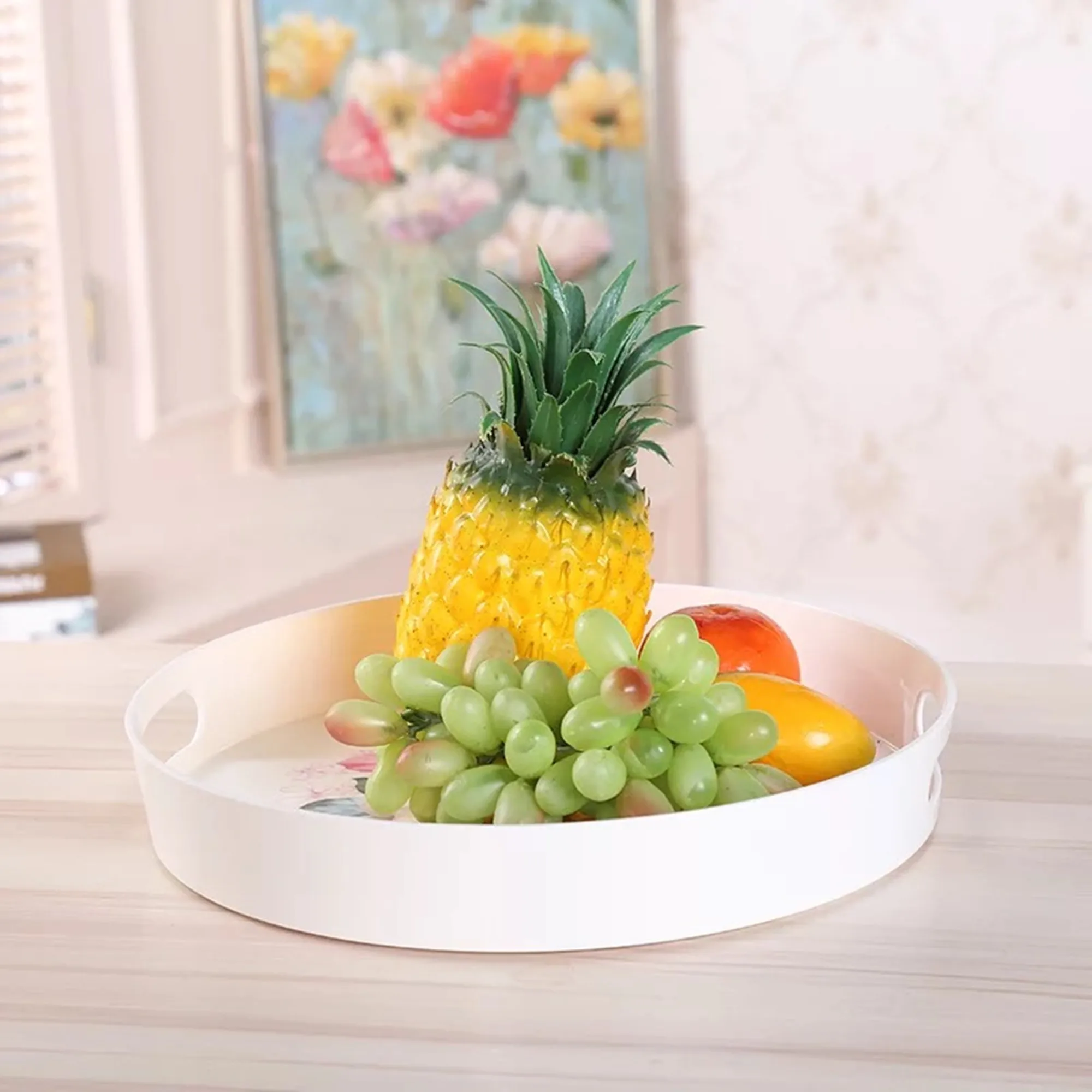 
OEM Service Creative Healthy High Quality Melamine Decorative Serving Round Tray with Handles 