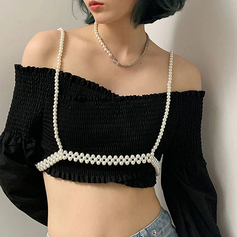 2022 Fashion Sexy Imitation Pearl Harness Belt Handmade Pearls Bead Elastic Vest Camisole Top All Match Shirts Dress