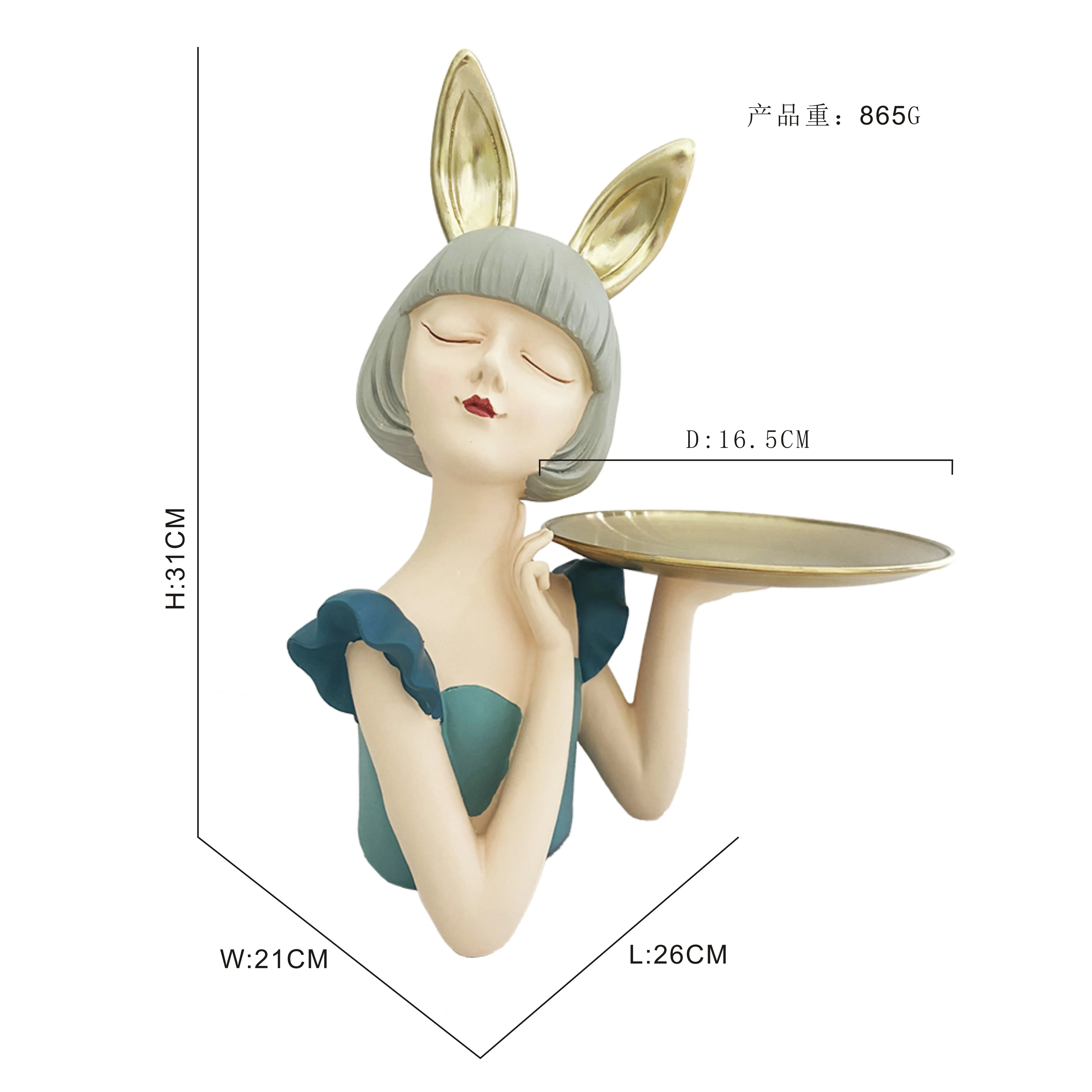 Home decoration crafts  polyresin Figurine lady girl sculpture with golden round tray