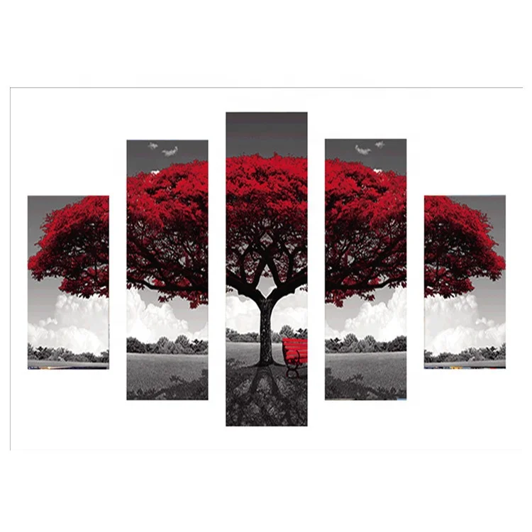 5 pieces of high-definition printed red trees canvas art painting home decoration painting 5d diamond painting printing poster