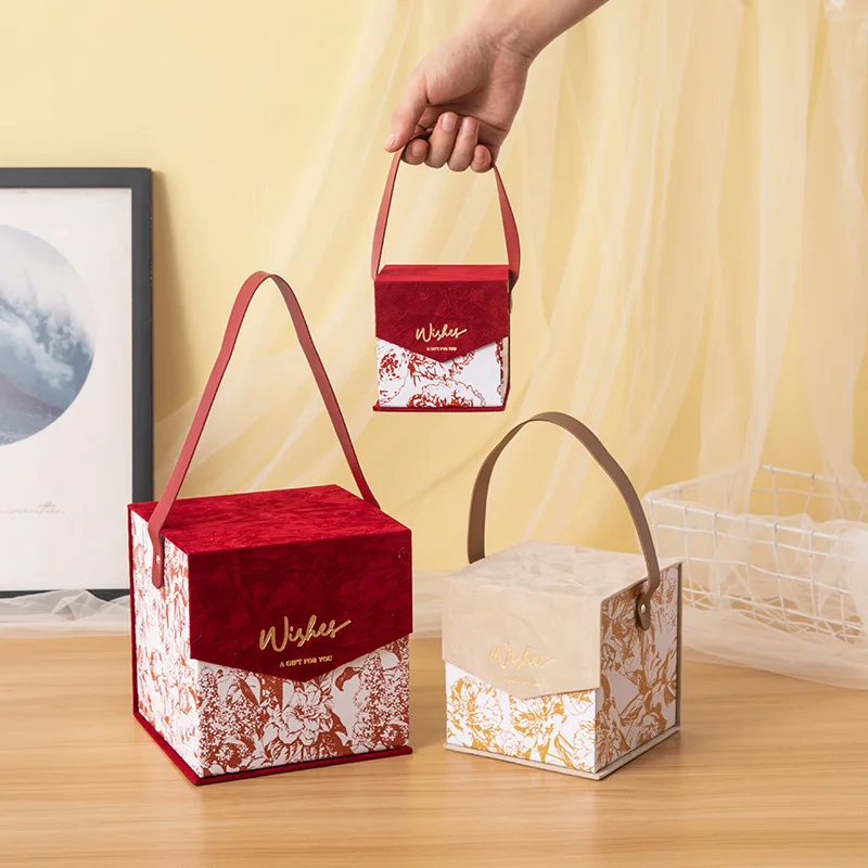 Wholesale Premium Set Square Red Velvet Cardboard box Custom Fold Luxury Hot Stamping Handle Magnetic Wedding Packaging Gift Box