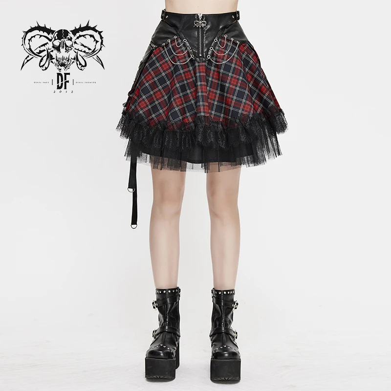 SKT110 summer japanese fashion lace up leather waist Scottish plaid punk cute girls small Tartan skirt with bag