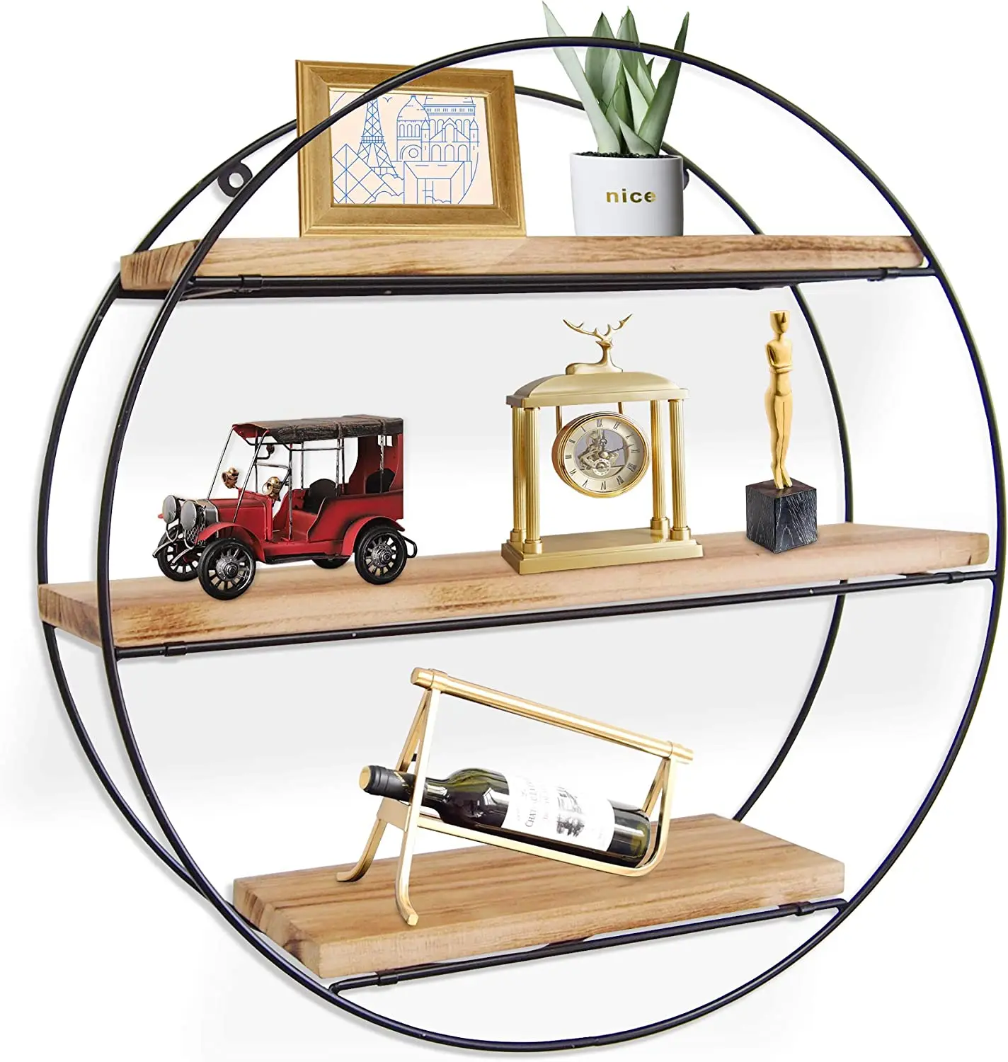 Wall Mounted Hanging ShelfFloating Shelves Wall Mounted Hanging Shelf Geometric Circle Metal Wood Wall Shelf